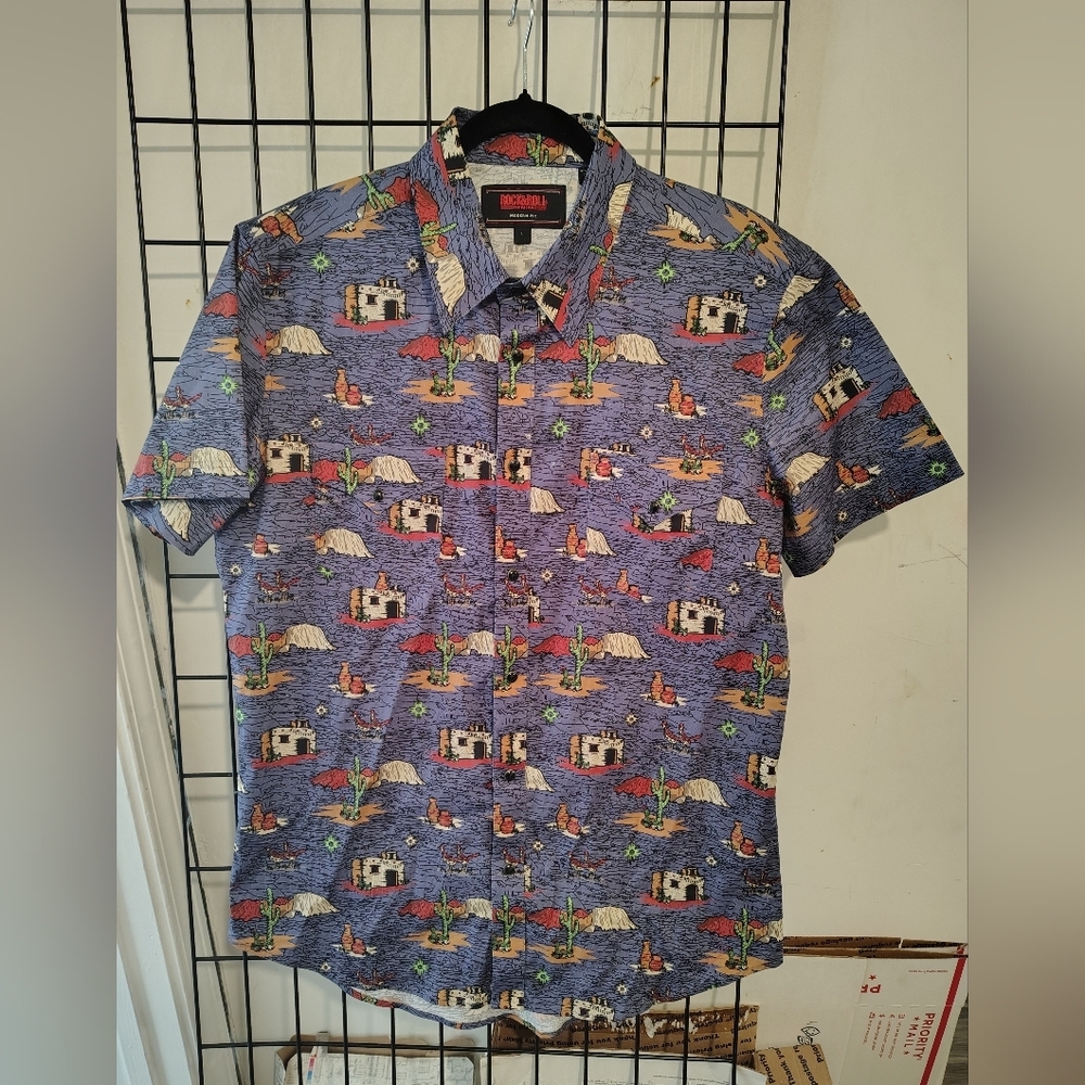 Rock & Roll Denim Desert Themed Button-Up Shirt